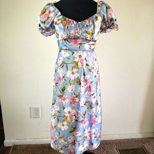 Satiny Floral Spring Midi Dress In Light Blue W/ Short Puffed Sleeves Women's S